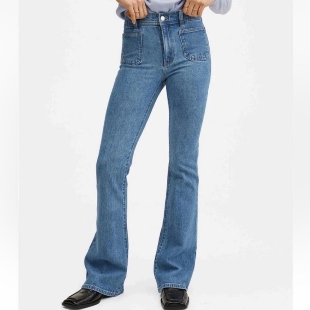 NWT Mango MNG Stonewashed Black Flare Mid Rise Jeans Womens 14